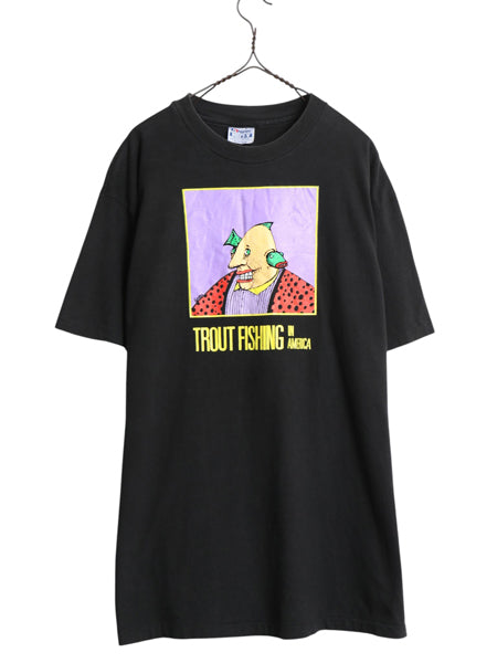 90s USA製 ★ フィッシング シュール アート イラスト プリント Tシャツ メンズ XL 古着 オールド バンド ロック 絵画 シングルステッチ 黒