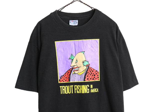 90s USA製 ★ フィッシング シュール アート イラスト プリント Tシャツ メンズ XL 古着 オールド バンド ロック 絵画 シングルステッチ 黒