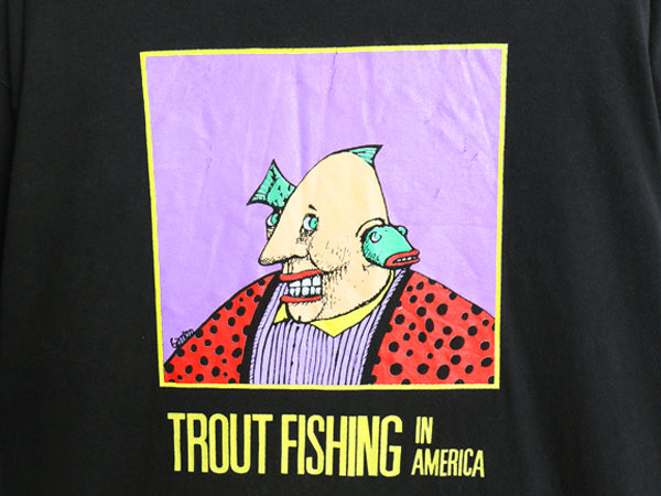 90s USA製 ★ フィッシング シュール アート イラスト プリント Tシャツ メンズ XL 古着 オールド バンド ロック 絵画 シングルステッチ 黒