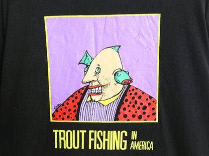 90s USA製 ★ フィッシング シュール アート イラスト プリント Tシャツ メンズ XL 古着 オールド バンド ロック 絵画 シングルステッチ 黒