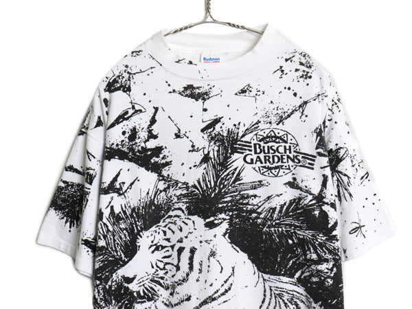 90s USA製 ★ ホワイトタイガー オールオーバー プリント Tシャツ メンズ XL 程/ オールド アニマル アート シングルステッチ モノトーン 