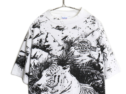 90s USA製 ★ ホワイトタイガー オールオーバー プリント Tシャツ メンズ XL 程/ オールド アニマル アート シングルステッチ モノトーン 