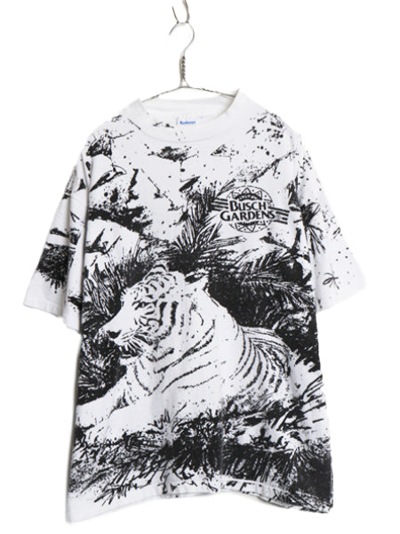 90s USA製 ★ ホワイトタイガー オールオーバー プリント Tシャツ メンズ XL 程/ オールド アニマル アート シングルステッチ モノトーン 