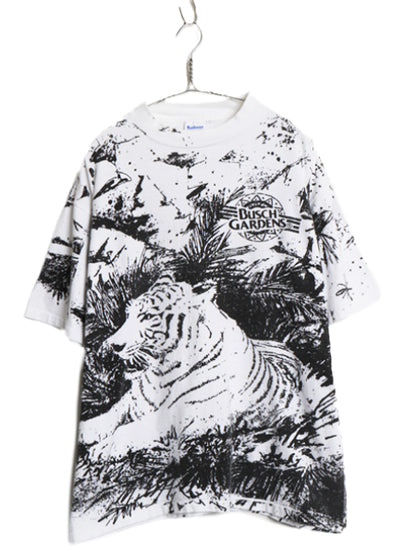 90s USA製 ★ ホワイトタイガー オールオーバー プリント Tシャツ メンズ XL 程/ オールド アニマル アート シングルステッチ モノトーン 