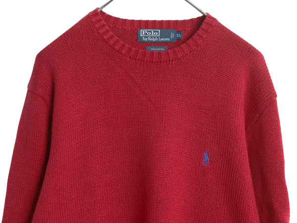 00s ポロ ラルフローレン コットン ニット セーター メンズ XL オールド 長袖ニット ワンポイント クルーネック シンプル 大きいサイズ 赤