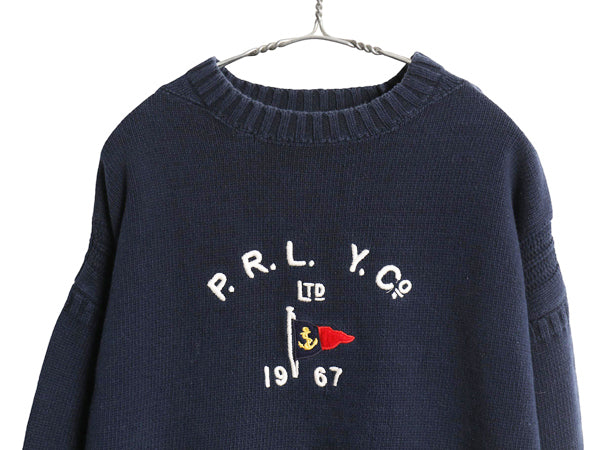 ポロ ラルフローレン コットン ニット セーター メンズ XL 古着 ガンジー タイプ フラッグ ヨット ボックス モックネック 大きいサイズ 紺