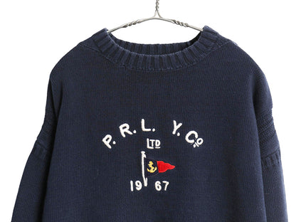 ポロ ラルフローレン コットン ニット セーター メンズ XL 古着 ガンジー タイプ フラッグ ヨット ボックス モックネック 大きいサイズ 紺