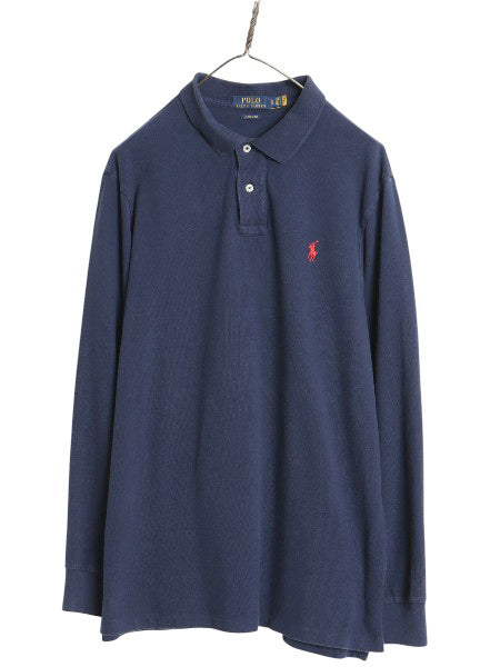 ポロ ラルフローレン 鹿の子 長袖 ポロシャツ メンズ XL / 長袖シャツ コットン カットソー ワンポイント シンプル 大きいサイズ ネイビー