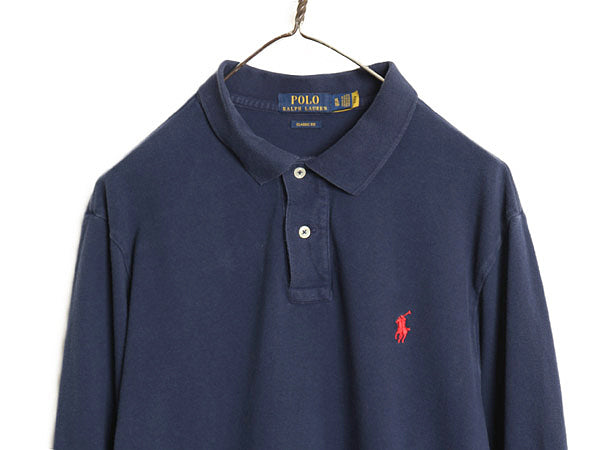 ポロ ラルフローレン 鹿の子 長袖 ポロシャツ メンズ XL / 長袖シャツ コットン カットソー ワンポイント シンプル 大きいサイズ ネイビー