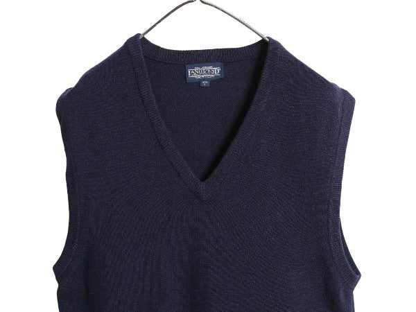 90s イギリス製 ランズエンド ラム ウール ニット ベストメンズ S オールド Vネック プルオーバー セーター 無地 重ね着 シンプル ネイビー