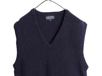 90s イギリス製 ランズエンド ラム ウール ニット ベストメンズ S オールド Vネック プルオーバー セーター 無地 重ね着 シンプル ネイビー