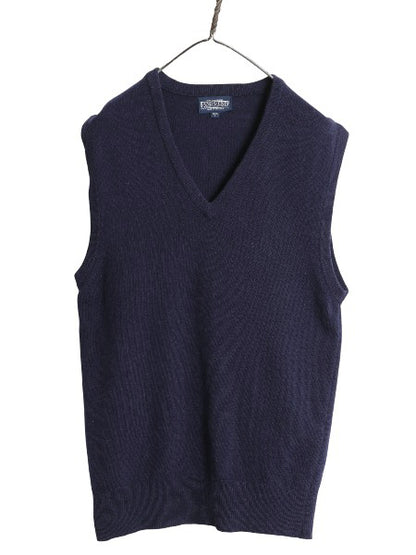 90s イギリス製 ランズエンド ラム ウール ニット ベストメンズ S オールド Vネック プルオーバー セーター 無地 重ね着 シンプル ネイビー