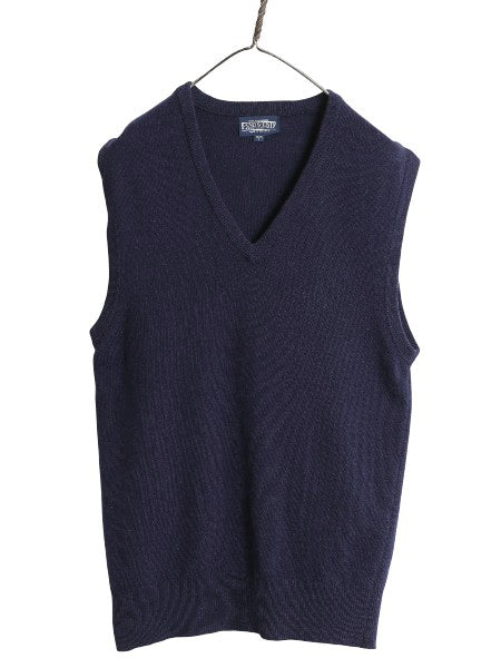 90s イギリス製 ランズエンド ラム ウール ニット ベストメンズ S オールド Vネック プルオーバー セーター 無地 重ね着 シンプル ネイビー