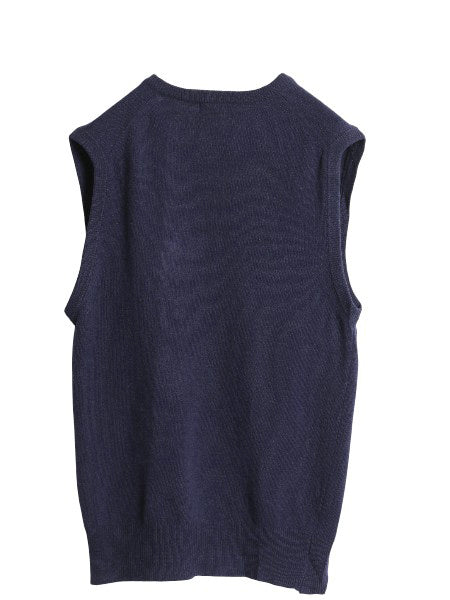 90s イギリス製 ランズエンド ラム ウール ニット ベストメンズ S オールド Vネック プルオーバー セーター 無地 重ね着 シンプル ネイビー
