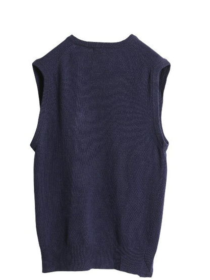 90s イギリス製 ランズエンド ラム ウール ニット ベストメンズ S オールド Vネック プルオーバー セーター 無地 重ね着 シンプル ネイビー