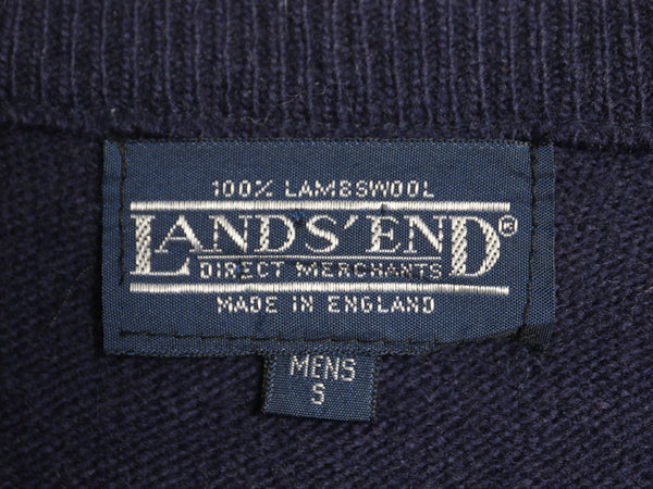 90s イギリス製 ランズエンド ラム ウール ニット ベストメンズ S オールド Vネック プルオーバー セーター 無地 重ね着 シンプル ネイビー