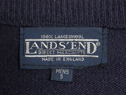 90s イギリス製 ランズエンド ラム ウール ニット ベストメンズ S オールド Vネック プルオーバー セーター 無地 重ね着 シンプル ネイビー