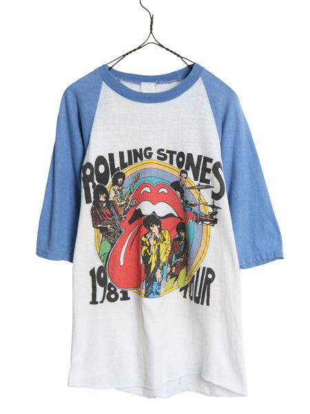 80s パキ綿 ★ ローリングストーンズ イラスト プリント ベースボール Tシャツ メンズ L 小さめ M / ヴィンテージ ロック バンド 7分袖 白