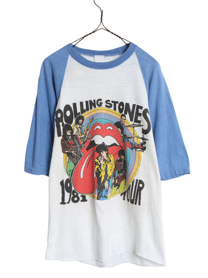 80s パキ綿 ★ ローリングストーンズ イラスト プリント ベースボール Tシャツ メンズ L 小さめ M / ヴィンテージ ロック バンド 7分袖 白