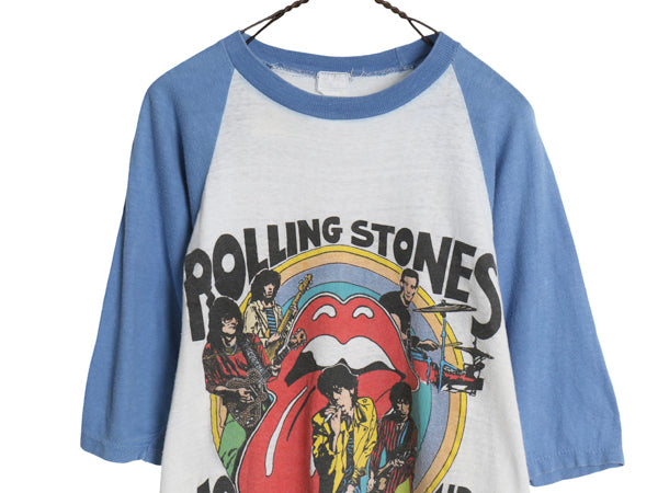 80s パキ綿 ★ ローリングストーンズ イラスト プリント ベースボール Tシャツ メンズ L 小さめ M / ヴィンテージ ロック バンド 7分袖 白