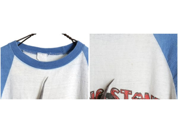 80s パキ綿 ★ ローリングストーンズ イラスト プリント ベースボール Tシャツ メンズ L 小さめ M / ヴィンテージ ロック バンド 7分袖 白