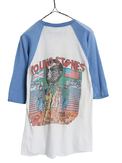 80s パキ綿 ★ ローリングストーンズ イラスト プリント ベースボール Tシャツ メンズ L 小さめ M / ヴィンテージ ロック バンド 7分袖 白