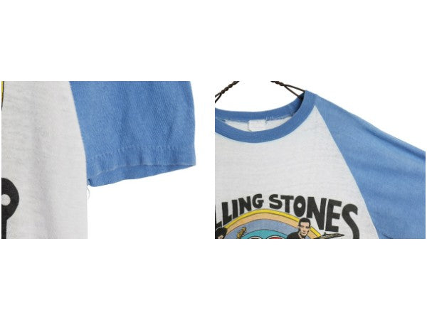 80s パキ綿 ★ ローリングストーンズ イラスト プリント ベースボール Tシャツ メンズ L 小さめ M / ヴィンテージ ロック バンド 7分袖 白