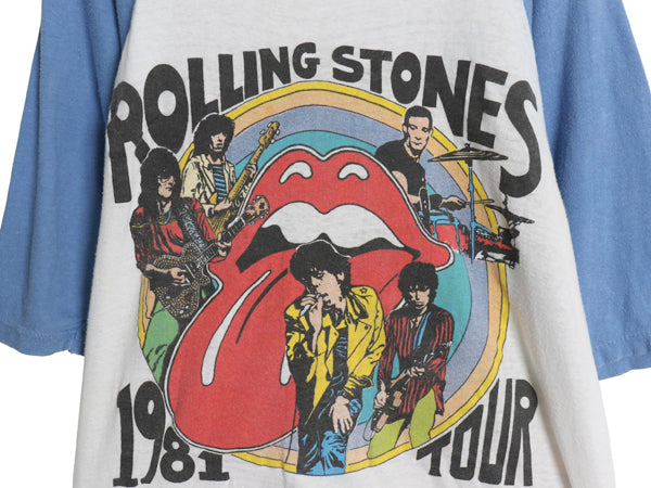 80s パキ綿 ★ ローリングストーンズ イラスト プリント ベースボール Tシャツ メンズ L 小さめ M / ヴィンテージ ロック バンド 7分袖 白