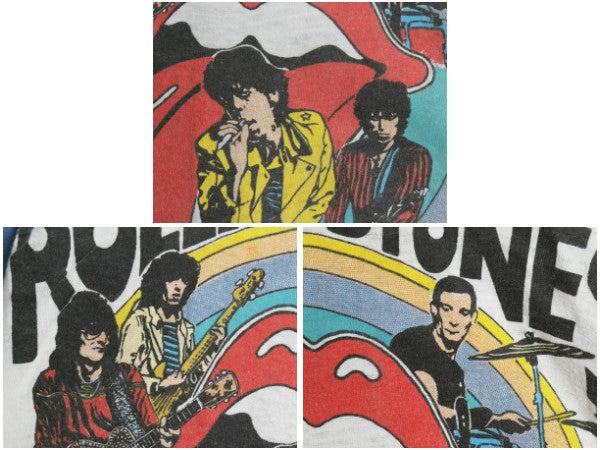 80s パキ綿 ★ ローリングストーンズ イラスト プリント ベースボール Tシャツ メンズ L 小さめ M / ヴィンテージ ロック バンド 7分袖 白
