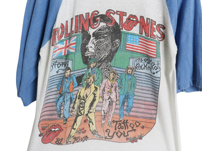 80s パキ綿 ★ ローリングストーンズ イラスト プリント ベースボール Tシャツ メンズ L 小さめ M / ヴィンテージ ロック バンド 7分袖 白