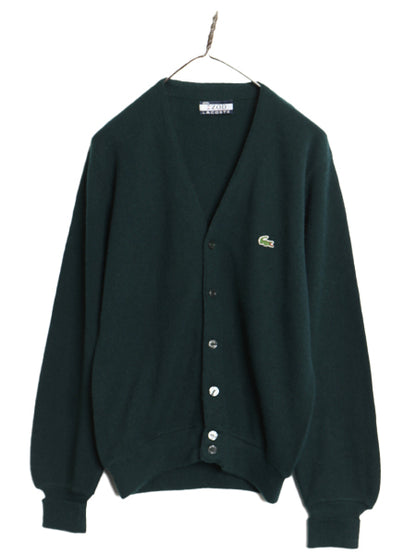 70s ラコステ アクリル ニット カーディガン メンズ レディース M 程/ ヴィンテージ 羽織り 前開き セーター ワンポイント ダーク グリーン