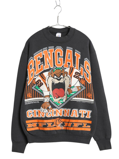 90's USA製 ワーナー タズマニアンデビル プリント スウェット メンズ レディース L 古着 オールド NFL ベンガルズ アメフト トレーナー 黒
