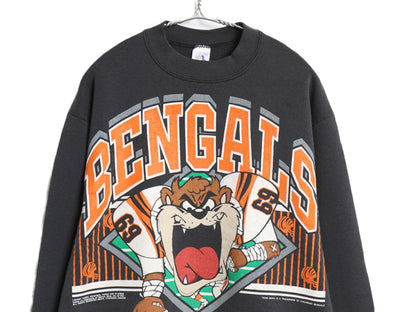 90's USA製 ワーナー タズマニアンデビル プリント スウェット メンズ レディース L 古着 オールド NFL ベンガルズ アメフト トレーナー 黒