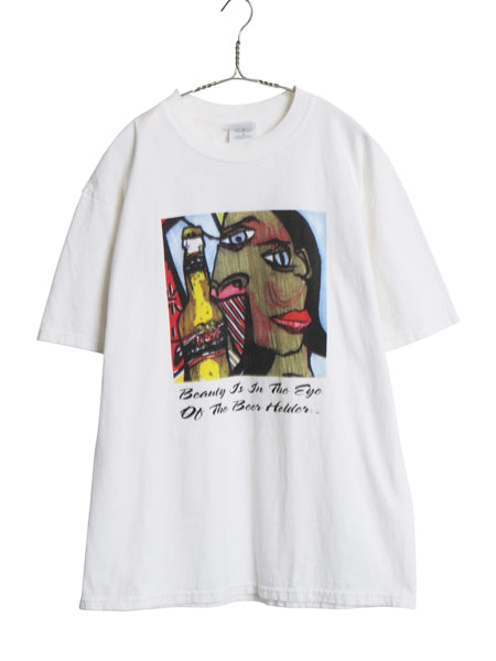 00s ★ ピカソ パロディ ジョーク イラスト プリント Tシャツ メンズ L / オールド アート 芸術 絵画 ビール メッセージ ヘビーウェイト 白