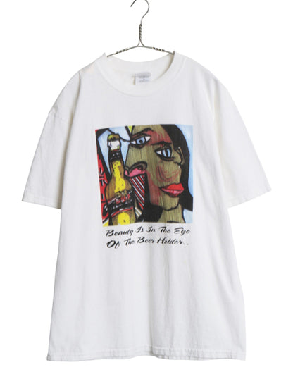 00s ★ ピカソ パロディ ジョーク イラスト プリント Tシャツ メンズ L / オールド アート 芸術 絵画 ビール メッセージ ヘビーウェイト 白