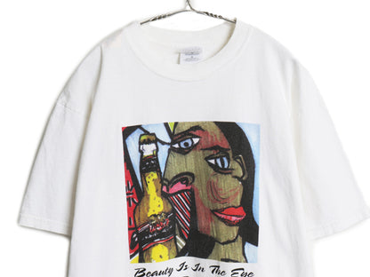00s ★ ピカソ パロディ ジョーク イラスト プリント Tシャツ メンズ L / オールド アート 芸術 絵画 ビール メッセージ ヘビーウェイト 白
