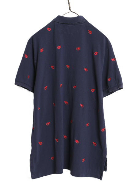 00s ポロ ラルフローレン 鹿の子 半袖 ポロシャツ メンズ XL オールド 半袖シャツ ロブスター モノグラム 総柄 カットソー 大きいサイズ 紺