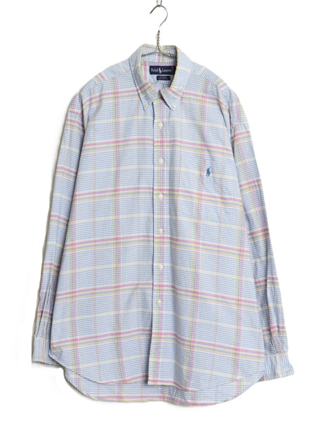 90s ラルフローレン チェック 長袖 ボタンダウン シャツ メンズ XL ポロ コットン 長袖シャツ オックスフォード ポケット付き 大きいサイズ