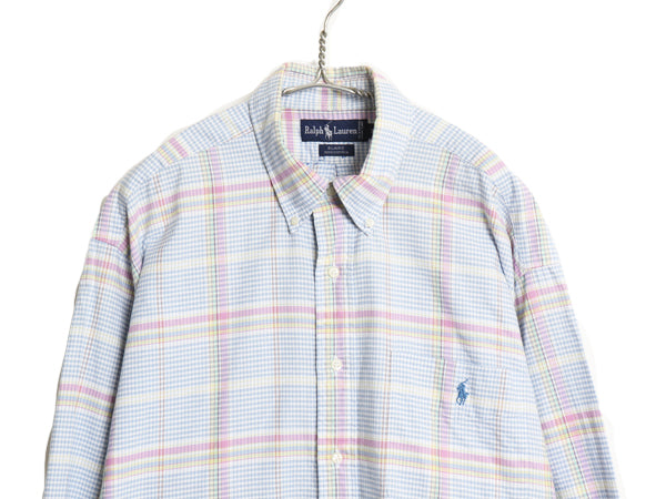 90s ラルフローレン チェック 長袖 ボタンダウン シャツ メンズ XL ポロ コットン 長袖シャツ オックスフォード ポケット付き 大きいサイズ