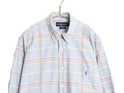 90s ラルフローレン チェック 長袖 ボタンダウン シャツ メンズ XL ポロ コットン 長袖シャツ オックスフォード ポケット付き 大きいサイズ