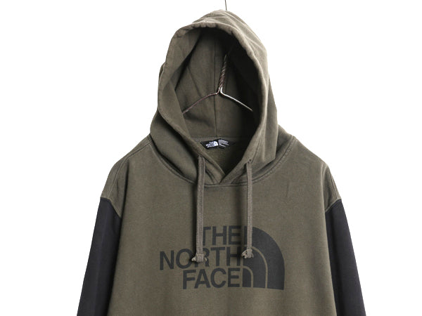 ノースフェイス プリント スウェット フード パーカー メンズ XL アウトドア プルオーバー 裏起毛 トレーナー 大きいサイズ ツートン 黒 緑