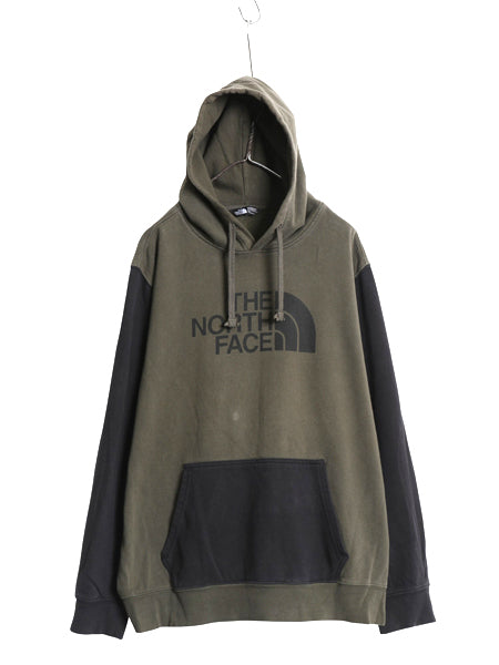 ノースフェイス プリント スウェット フード パーカー メンズ XL アウトドア プルオーバー 裏起毛 トレーナー 大きいサイズ ツートン 黒 緑