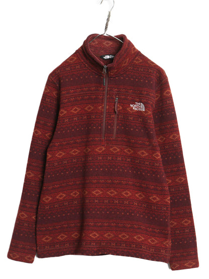 US企画 ノースフェイス セーター フリース ジャケット メンズ M 古着 アウトドア プルオーバー ハーフジップ 総柄 ノルディック ハイネック