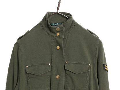 ローレン ラルフローレン ミリタリー ジャケット レディース S / M-65 タイプ リブ編み ストレッチコットン ハーフコート アーミー カーキ