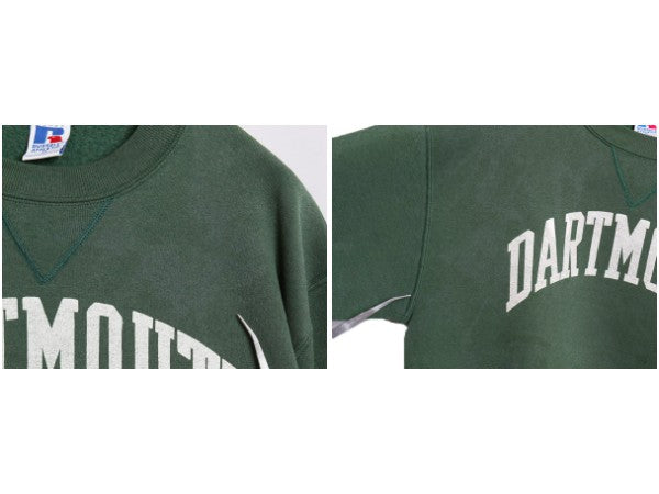 90s USA製 ラッセル カレッジ プリント スウェット メンズ レディース M / 古着 オールド トレーナー 裏起毛 前V クルーネック シンプル 緑