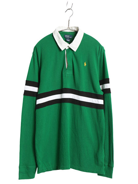 00s ポロ ラルフローレン 鹿の子 長袖 ポロシャツ キッズ XL メンズ M 程 オールド 長袖シャツ ラグビー ラガーシャツ タイプ ボーダー 緑