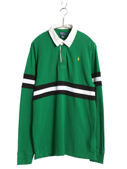 00s ポロ ラルフローレン 鹿の子 長袖 ポロシャツ キッズ XL メンズ M 程 オールド 長袖シャツ ラグビー ラガーシャツ タイプ ボーダー 緑