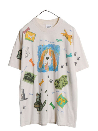 デッドストック 90s USA製 rel e vant products ドッグ イラスト プリント 半袖 Tシャツ メンズ レディース L / オールド アニマル 犬 総柄