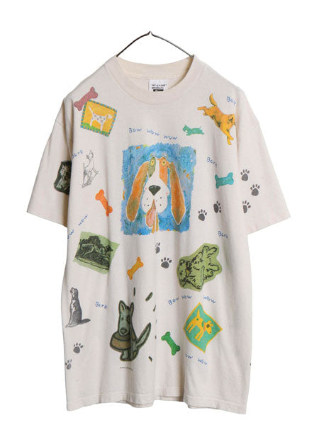 デッドストック 90s USA製 rel e vant products ドッグ イラスト プリント 半袖 Tシャツ メンズ レディース L / オールド アニマル 犬 総柄