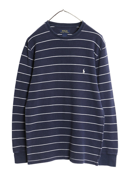 ポロ ラルフローレン ボーダー 長袖 サーマル Tシャツ メンズ L ロンT ストレッチ ワッフル カットソー ワンポイント ポニー 刺繍 ツートン